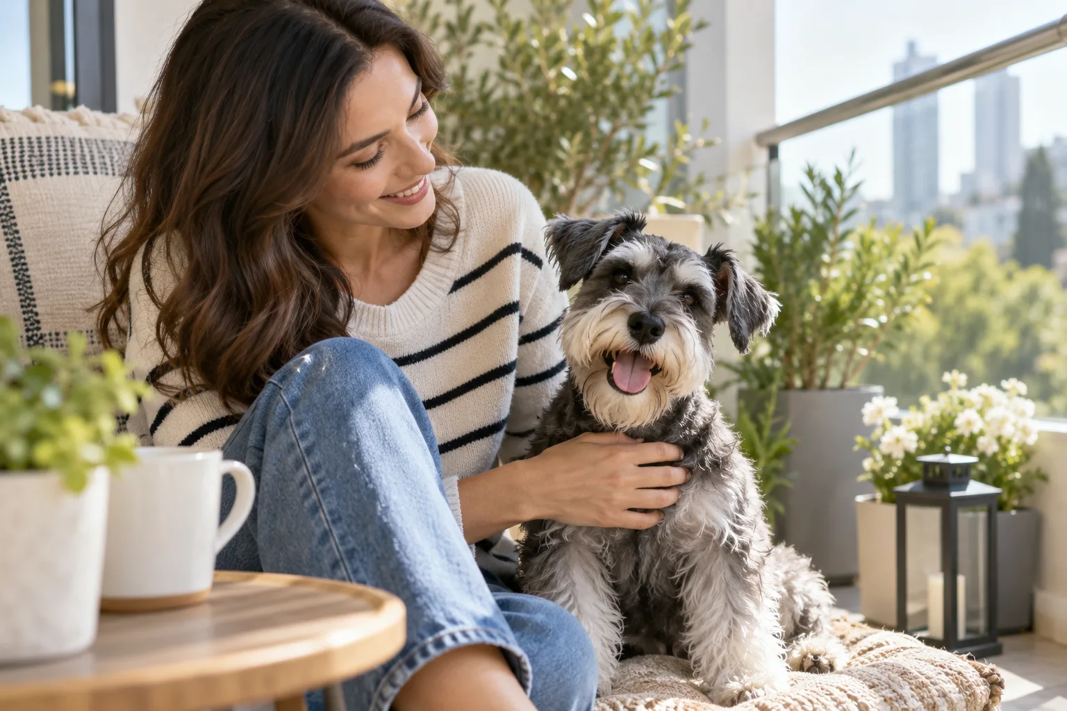 Owner sitting outdoors beside a small gray dog